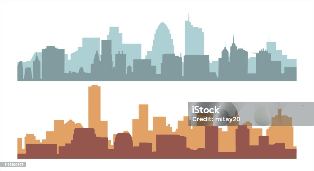 도시 경관 배경. 스카이 라인 실루엣. 현대 건축. 메�가 폴리스 파노라마 수평 배너입니다. 건물 아이콘입니다. 벡터 일러스트레이션 - 로열티 프리 도시 벡터 아트