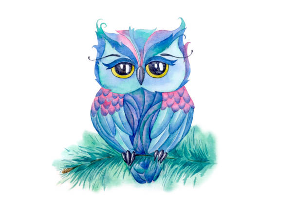 istock Cute colorful watercolor owl sitting on a fir tree brunch illustration 1195104048
