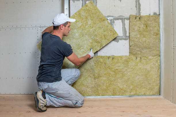 istock Worker insulating a room wall with mineral rock wool thermal insulation. 1195104795