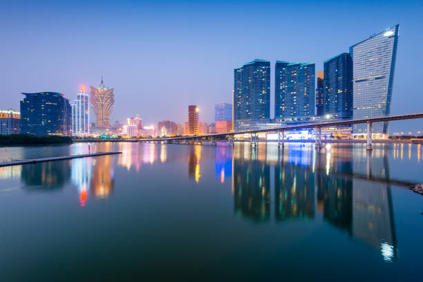 Macau, China cityscape at twilight on Nam Van Lake.