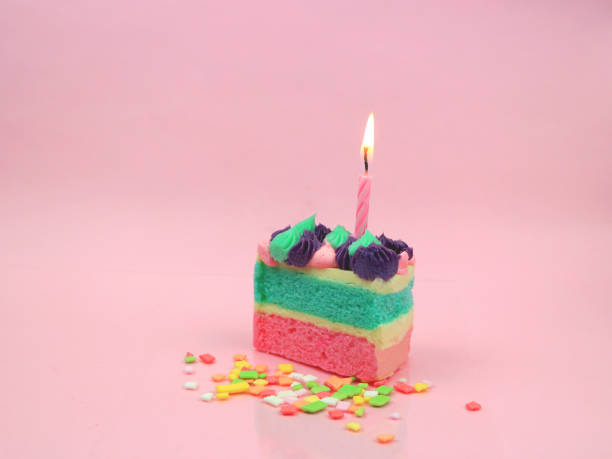 istock Happy birthday cake and bow candle on pink background with copy space. 1195105983
