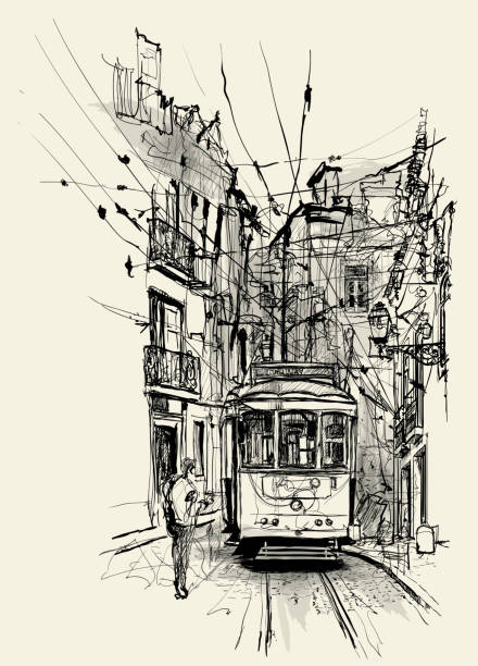 ilustraciones, imágenes clip art, dibujos animados e iconos de stock de calle en lisboa - cable car lisbon portugal portugal old