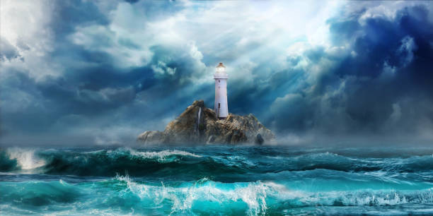 latarnia morska w burzy z dużymi falami - lighthouse storm sea panoramic zdjęcia i obrazy z banku zdjęć