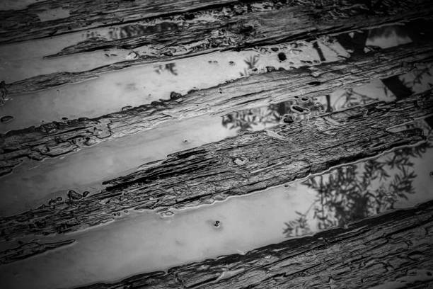 Puddle of water on the wet pathway in black and white