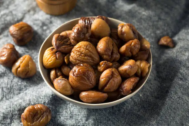 Organic Shelled Roasted Chestnuts in a Bowl