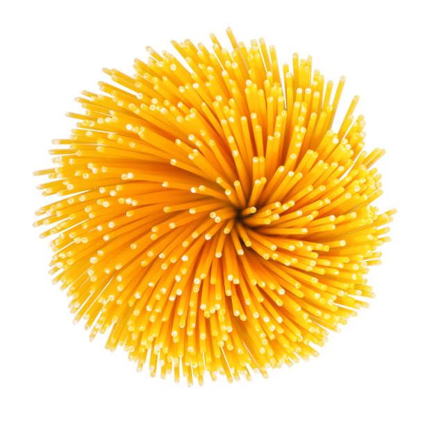 Uncooked pasta spaghetti macaroni, Top view, isolated on white background