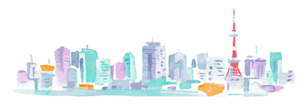 illustrazioni stock, clip art, cartoni animati e icone di tendenza di paesaggio urbano dipinto ad acquerello - tokyo prefecture japan skyline japanese culture