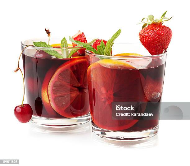 Two Glasses Of Fresh Fruit Sangria Stock Photo - Download Image Now - Sangria, White Background, Cut Out