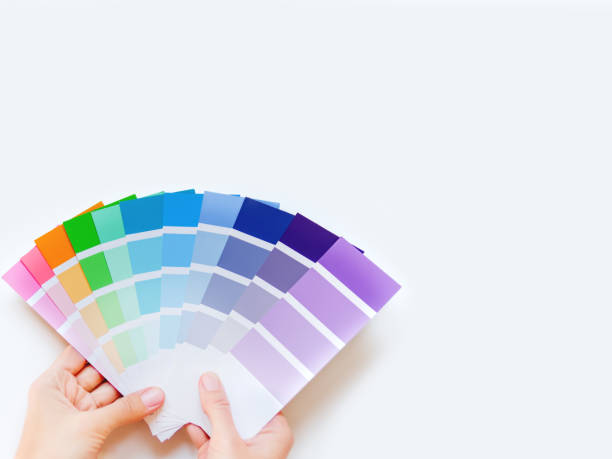 istock Woman holds rainbow color palette on white background. Designer tool with copy space. Top view, flat lay. 1195117946