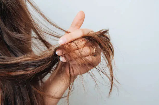 Photo of Girl holding her hair in her hand. Hair care concept. Shampoo. Haircut needed.
