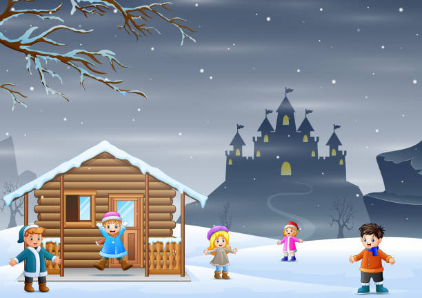 bildbanksillustrationer, clip art samt tecknat material och ikoner med vintersemester med barn som leker på snö - children tree christmas silhouette