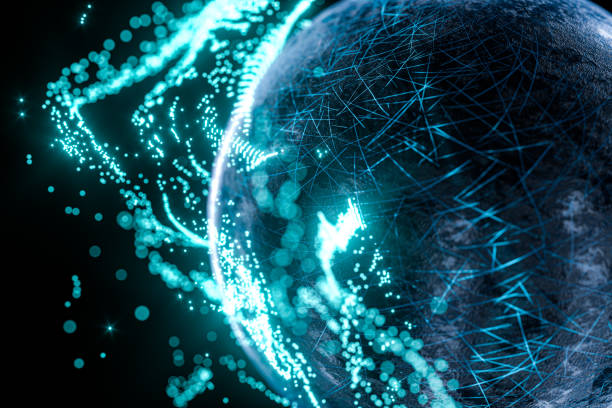 istock Glowing particles surrounding around the planet, 3d rendering. 1195125350