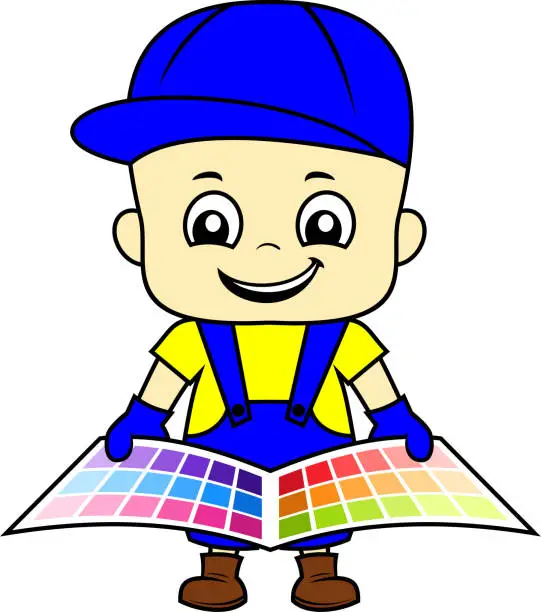 Vector illustration of vector cartoon cute kid decorator holding color palette