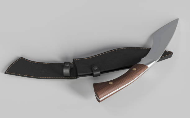 istock Kukri-style hunting knife complete with leather sheath. isolated on white background. 3D illustration 1195132850