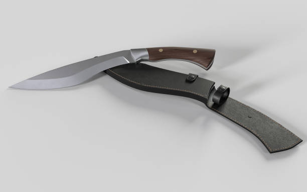 istock Kukri-style hunting knife complete with leather sheath. isolated on white background. 3D illustration 1195132864