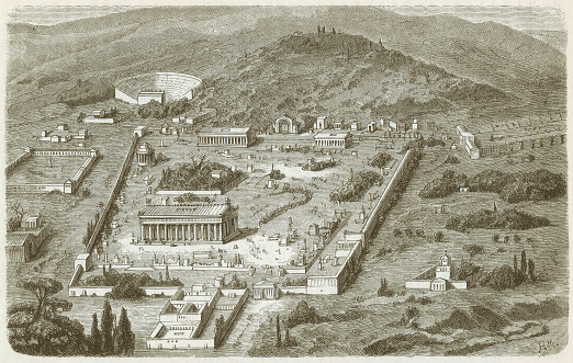 Olympia - place of the Ancient Olympic Games. According to the official chronology, was the Ancient Olympic Games from 776 BC to 394 AD. Woodcut engraving, published in 1882.