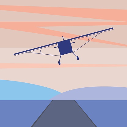 A vintage plane in the sky at sunset over the runway. A vector stock illustration with a propeller retro flat plane as a concept of freedom of travel