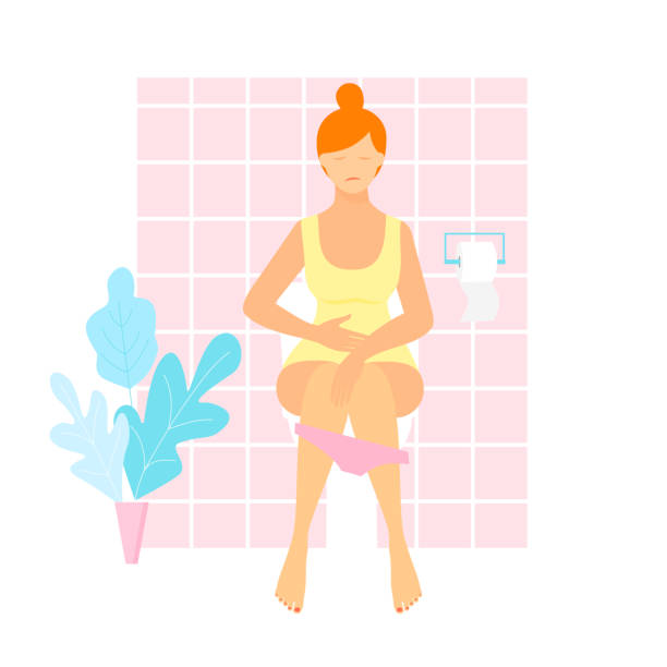 wanita duduk di toilet.  wanita sakit perut - toilet umum ilustrasi ilustrasi stok