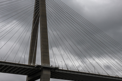 Details of the Arthur Ravenel Jr. Bridge tower viewed from the Cooper river in Charleston, South Carolina