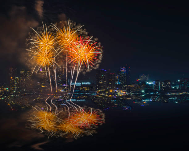 istock New Year's celebration fireworks in night city. 1195139998