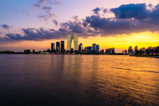 istock Suzhou city skyline and water reflection at night. 1195147080