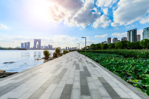 istock Suzhou city skyline and empty floor landscape at sunset. 1195147918