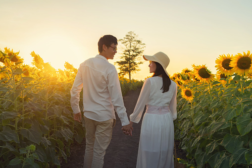 An Asian couple enjoying, relaxing, walking, holding hands each other in sunflower field on road during travel holidays vacation trip outdoors at natural garden park at sunset in Lopburi, Thailand