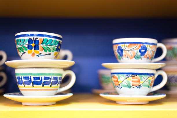 Mexico: Stack of Colorful Cups and Saucers, Close-Up