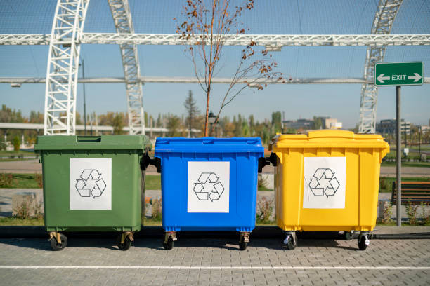 sorting the garbage waste, three color trash urns in the city, recycling