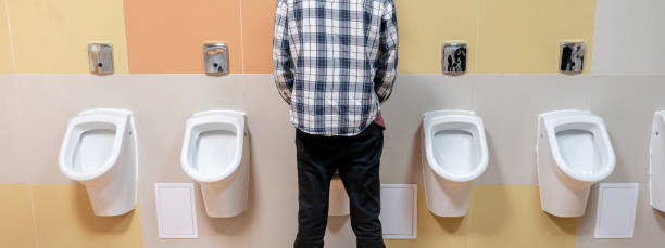 jeune homme dans les toilettes publiques, debout à côté de l'urinoir dans le centre commercial - urinal public restroom male toilet in a row photos et images de collection