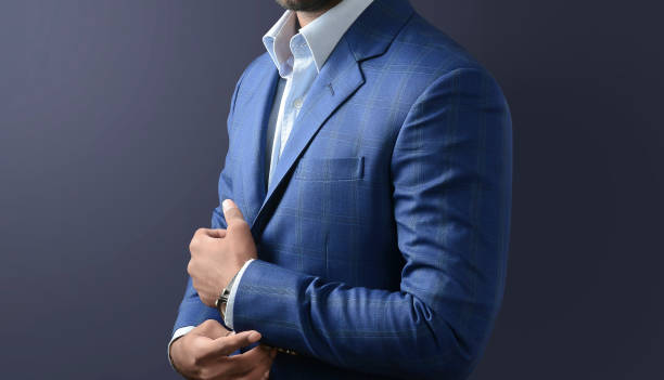 male model in a blue suit, casual outfit. - mans suit imagens e fotografias de stock