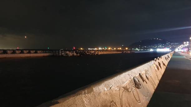 istock Night sea side wide park road 1195172687