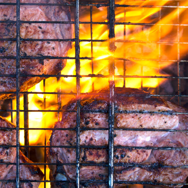 istock Few pieces of slightly burnt meat on charred grate 1195174657