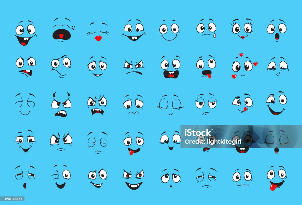 Cartoon Faces For Humor Or Comics Design Funny Expressions Collection  Smiling Angry Stock Illustration - Download Image Now - iStock