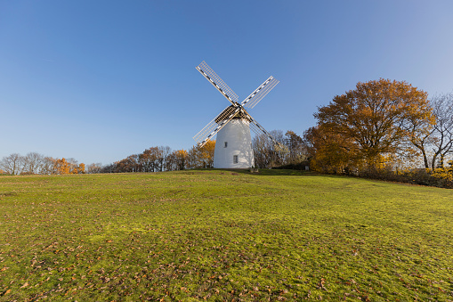 Krefeld-Traar - Frontview to Egelsberg-Windmill  with autumn colored trees, North Rhine Westphalia, Germany, 29.11.2019