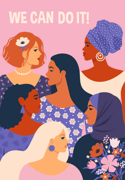 We can do it! Poster International Women's Day. Vector illustration with women different nationalities and cultures. We can do it! Poster International Women's Day. Vector illustration with women different nationalities and cultures. girl power stock illustrations