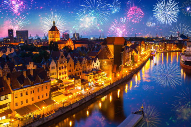 istock Fireworks display over the old town in Gdansk 1195184772