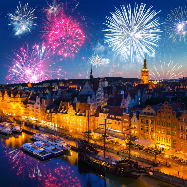 istock Fireworks display over the old town in Gdansk 1195184969