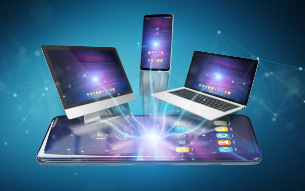 istock Modern devices connected to each other on blue background 3D rendering 1195185798