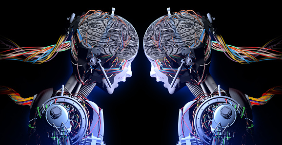 Harmonization of Artificial Intelligence with Human Brain. Human headed cyborgs compare their processor power.