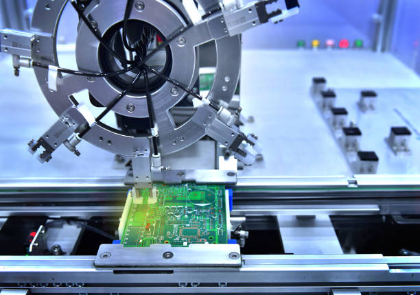 istock Technological process of soldering and assembly chip components on pcb board at industrial 1195189959