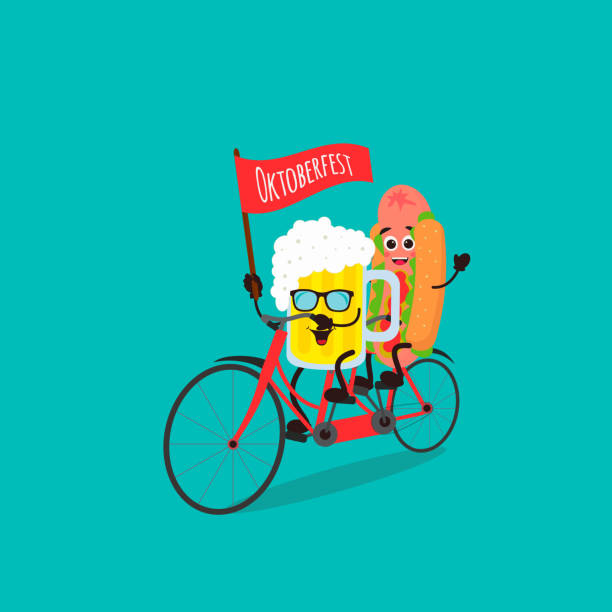 Beer Glass Character And Cute Hot Dog Kawaii Ride Tandem Bicycle Stock Illustration - Download Image Now - iStock