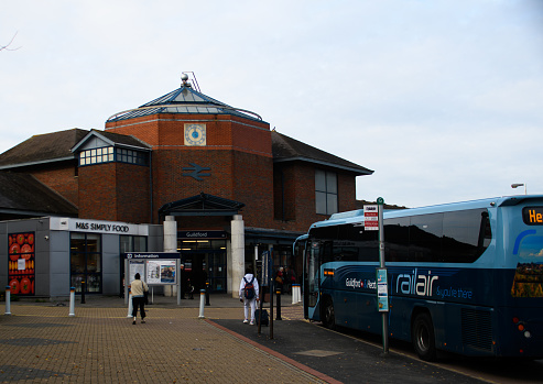 Guildford, United Kingdom - November 06 2019:   The Entrance to Guildford Railway Station on Walnut Tree Close