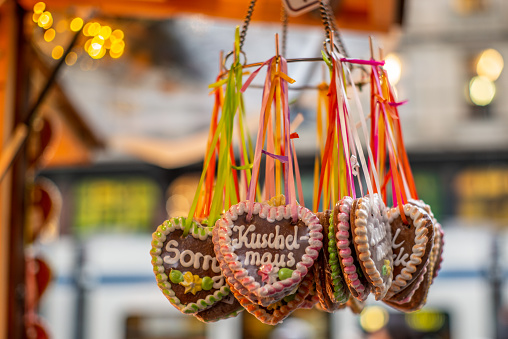 Colorful classical German Gingerbread with love messages at a typical Christmas market in Zurich in Switzerland