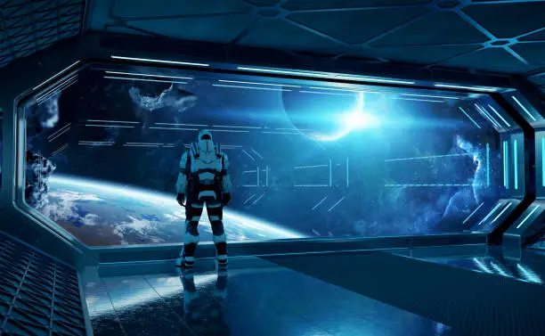 Astronaut in futuristic blue spaceship watching space through a large window 3d rendering elements of this image furnished by NASA