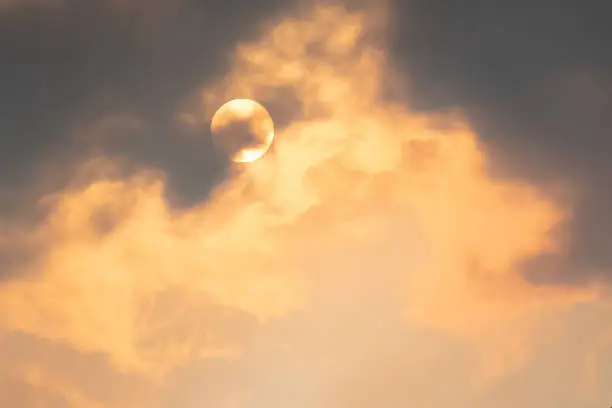 Photo of Australian bushfire: Smoke from bushfires covers the sky and glowing sun barely seen through the haze. Catastrophic fire danger, NSW, Australia