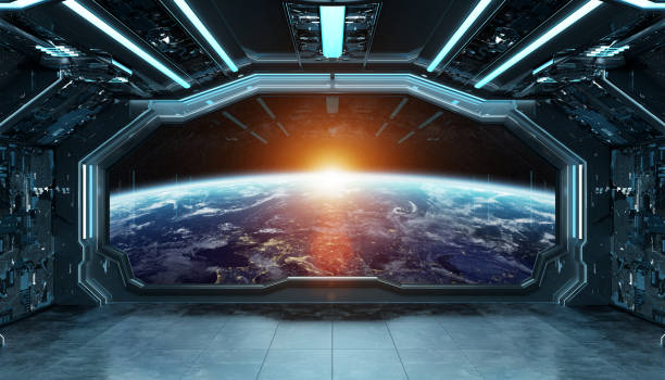 intérieur futuriste de vaisseau spatial bleu foncé avec vue de fenêtre sur la planète terre 3d édulant des éléments de cette image fourni par la nasa - space ship photos et images de collection
