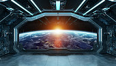 Dark blue spaceship futuristic interior with window view on planet Earth 3d rendering elements of this image furnished by NASA