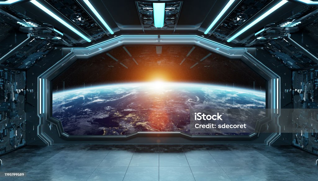 Dark blue spaceship futuristic interior with window view on planet Earth 3d rendering elements of this image furnished by NASA Spaceship Stock Photo