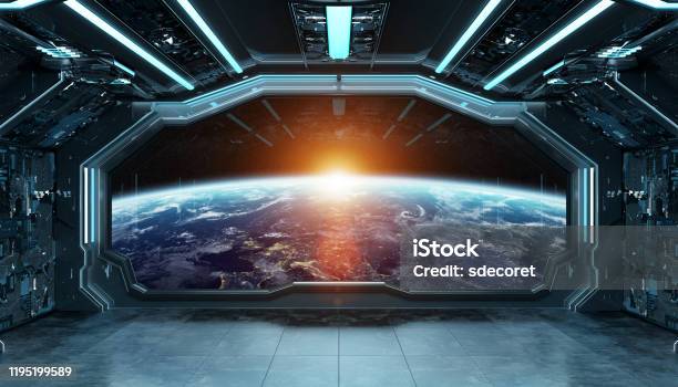 Dark Blue Spaceship Futuristic Interior With Window View On Planet Earth 3d Rendering Elements Of This Image Furnished By Nasa Stock Photo - Download Image Now